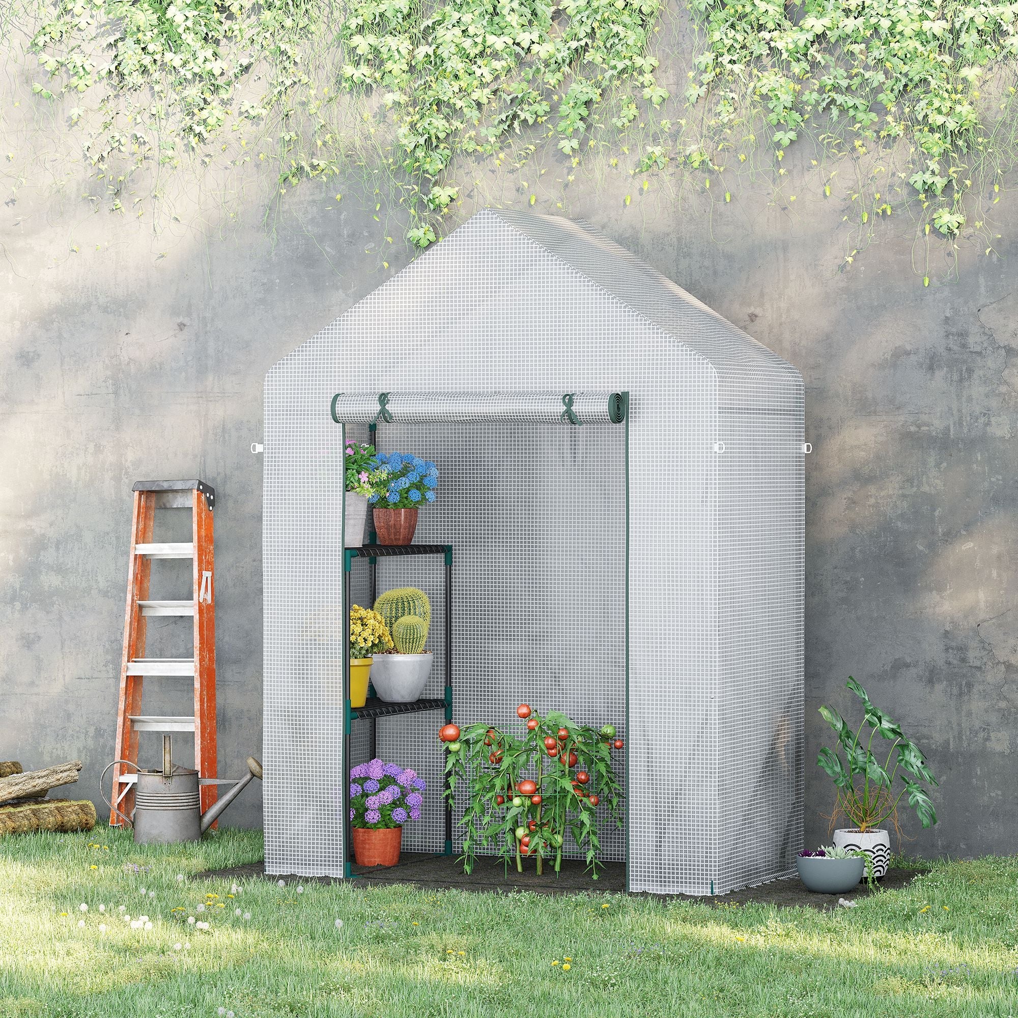 Walk In Greenhouse with 2 Tier Shelf, Portable Gardening Plant Grow House Tomato Greenhouse with Roll up Zip Panel Door, Reinforced PE Cover, 143 x 73 x 195cm, Green