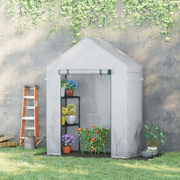 Walk In Greenhouse with 2 Tier Shelf, Portable Gardening Plant Grow House Tomato Greenhouse with Roll up Zip Panel Door, Reinforced PE Cover, 143 x 73 x 195cm, Green