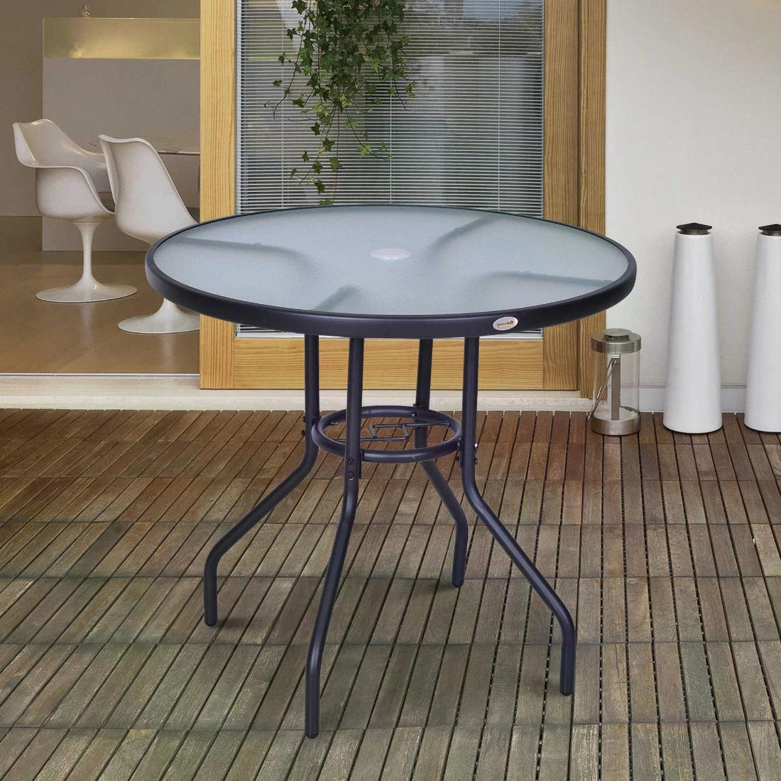 Outdoor φ80cm Round Dining Table Tempered Glass Top Steel Frame Bistro Coffee End Side Table Garden w/ Parasol Hole