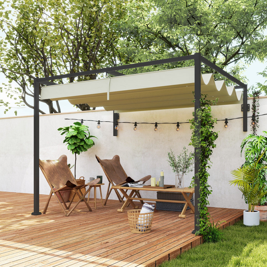 2 x 3(m) Lean To Steel Pergola, with Moving Fabric Canopy - Khaki