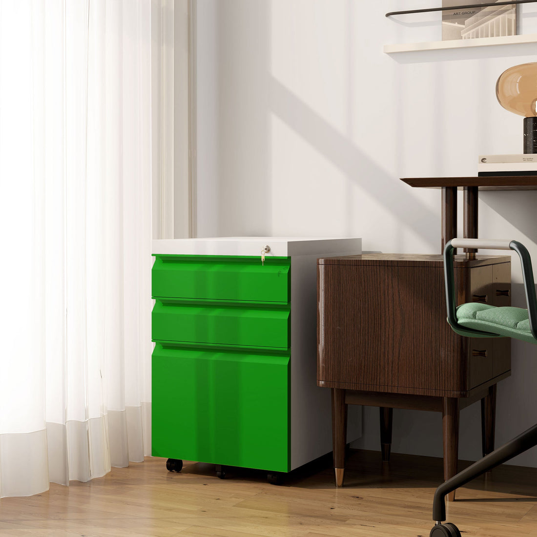 3 Drawer Filling Cabinet, Mobile Metal File Cabinet with Anti-tilt Design for Letter, A4, Legal Size, Green