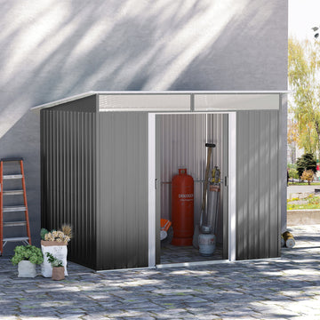 Garden Metal Storage Shed House Hut Gardening Tool Storage w/ Tilted Roof and Ventilation 8.5 x 6ft, Grey