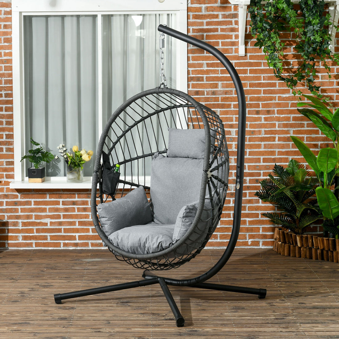 Metal Stand Hanging Egg Chair, with Full Body Padded Seat - Grey