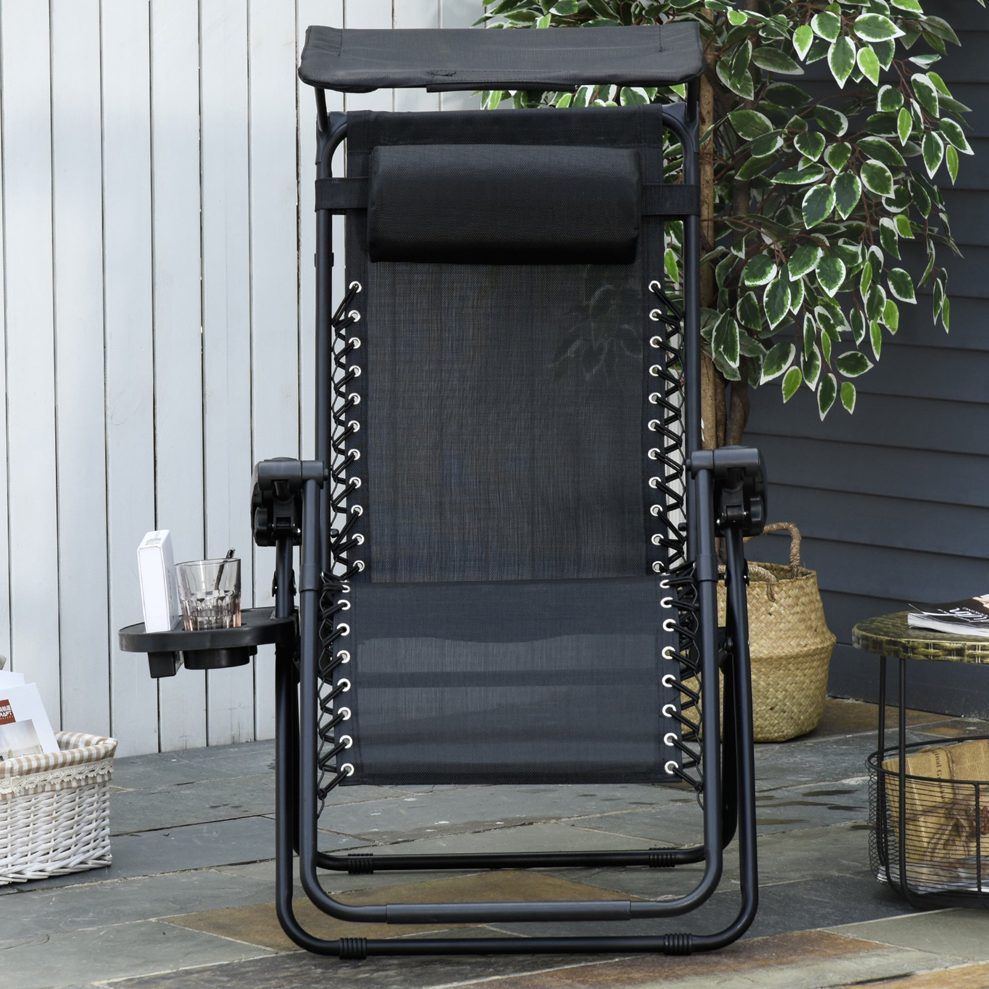 Folding Zero Gravity Sun Lounger, with Sun Canopy - Black