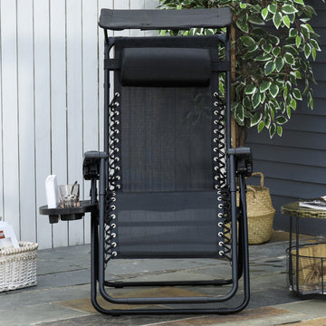 Folding Zero Gravity Sun Lounger, with Sun Canopy - Black