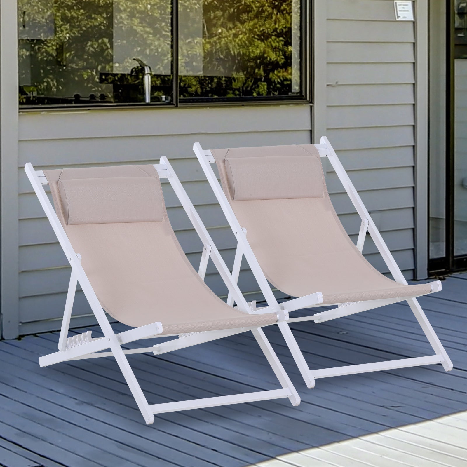 Set of 2 Folding Garden Beach Aluminium Frame Deck Chairs Deckchairs Seaside Folding Garden Patio Lounger, Beige