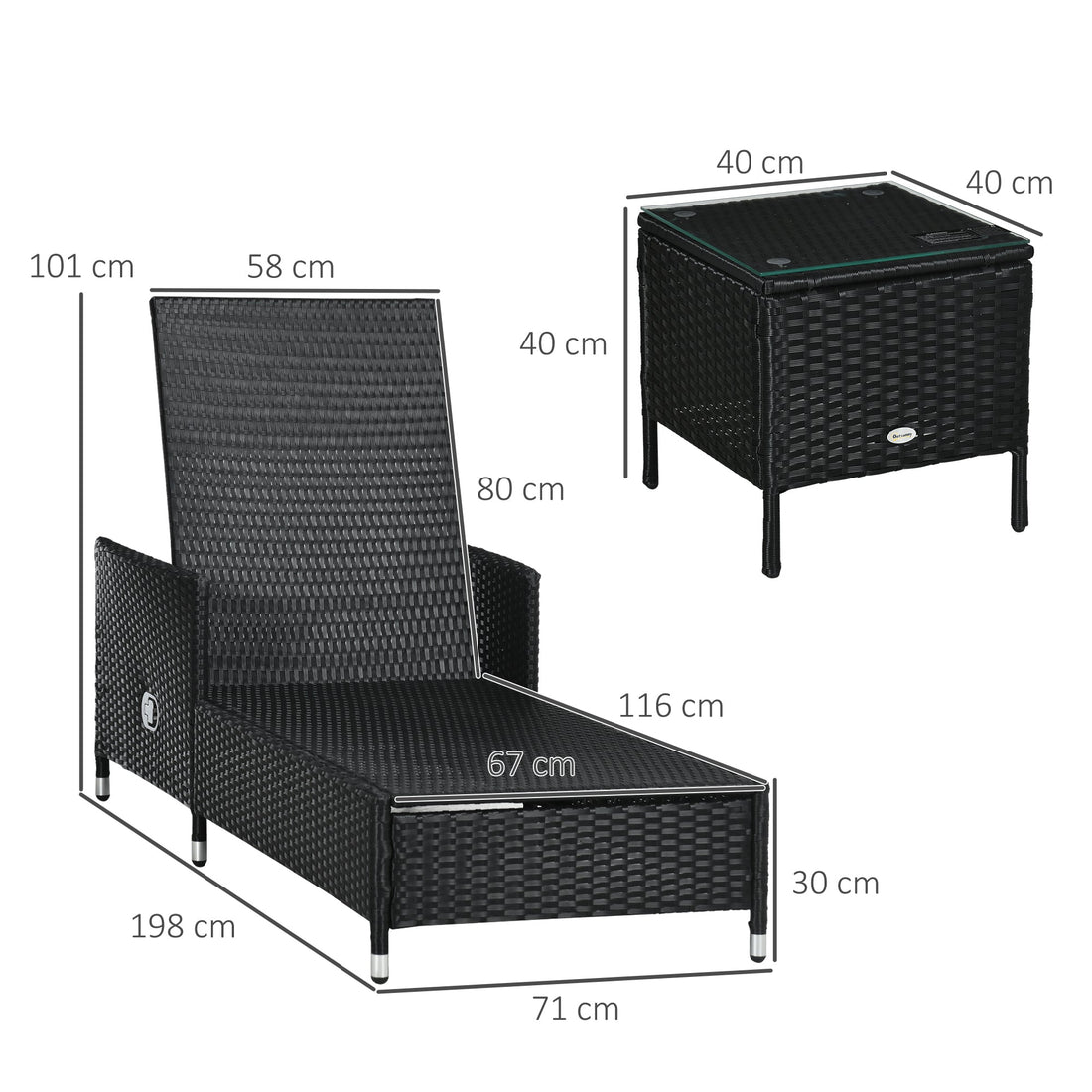 3-Pieces PE Rattan Sun Lounger, Patio Chaise Lounge Chair Set with Adjustable Backrest, Soft Cushions, Glass Top Coffee Table, Cream White