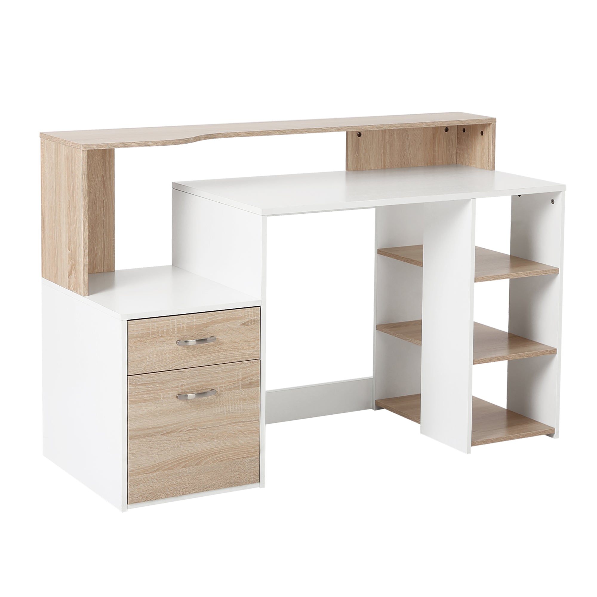 Computer Desk with Drawers and Storage Shelves, Reception Desk, Study Workstation for Home Office, 137 x 55 x 92cm, Oak and White