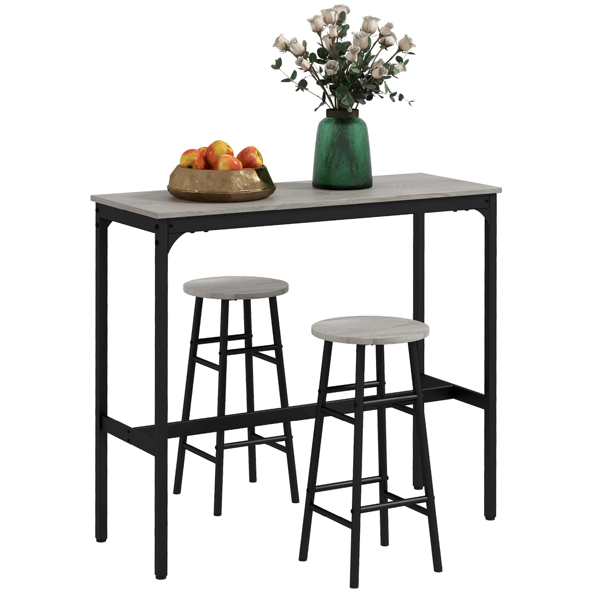 3 Piece Bar Table Set with 2 Stools, Industrial Bar Table and Stool Set, Dining Table and Chair Set, Grey
