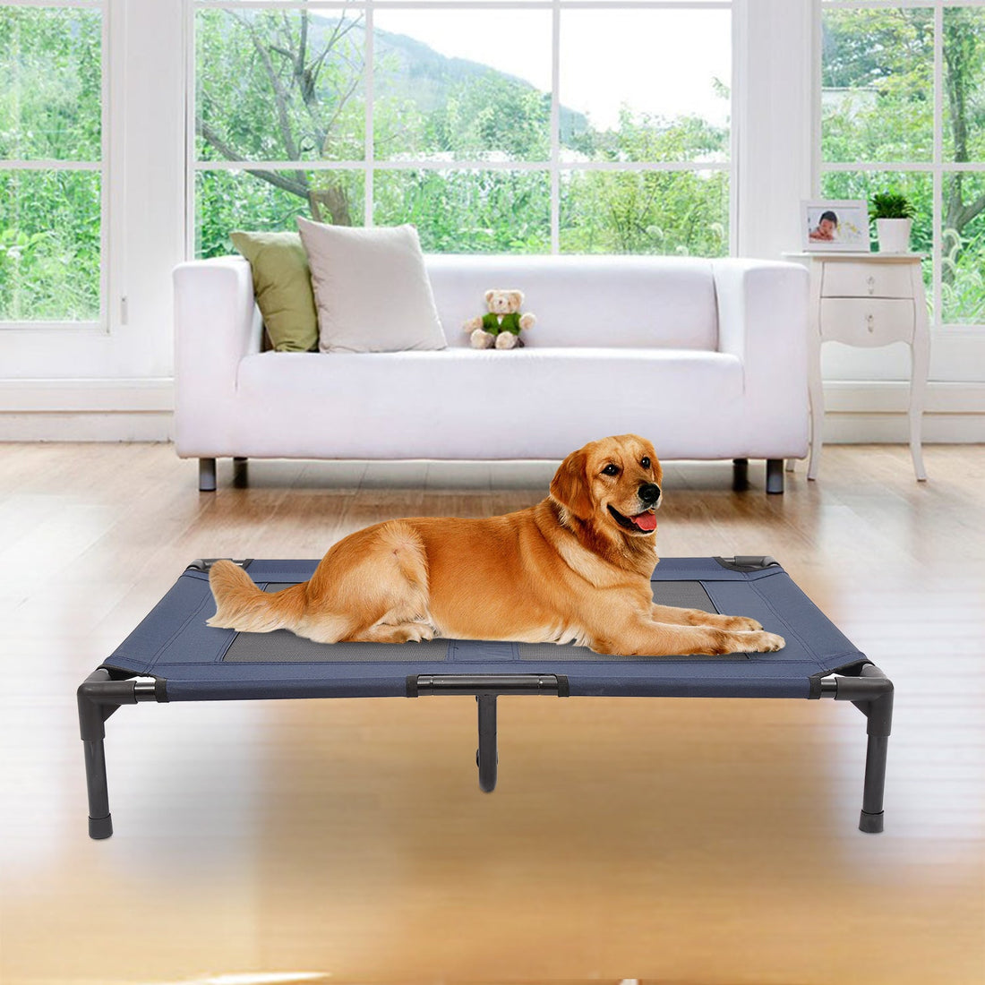 Raised Dog Bed Cat Elevated Lifted Puppy Pet Elevated Cot Portable Camping Basket – Blue (Large)