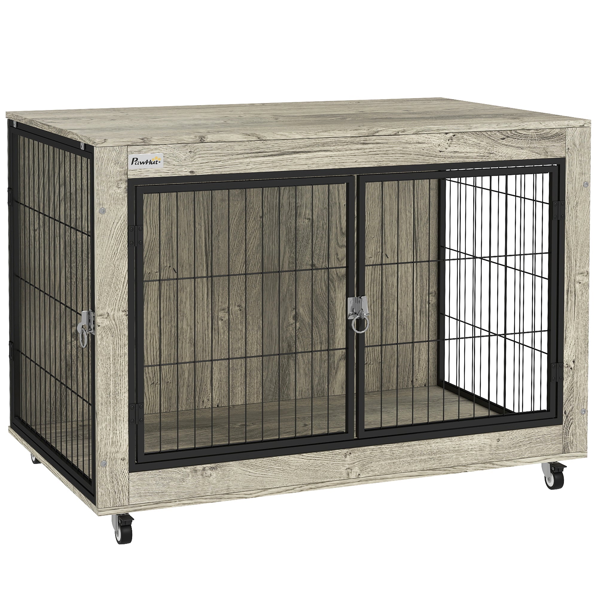 Dog Crate Furniture with Wheels, Double Doors, for Large Dogs, 100 x 60 x 73.5cm, Grey