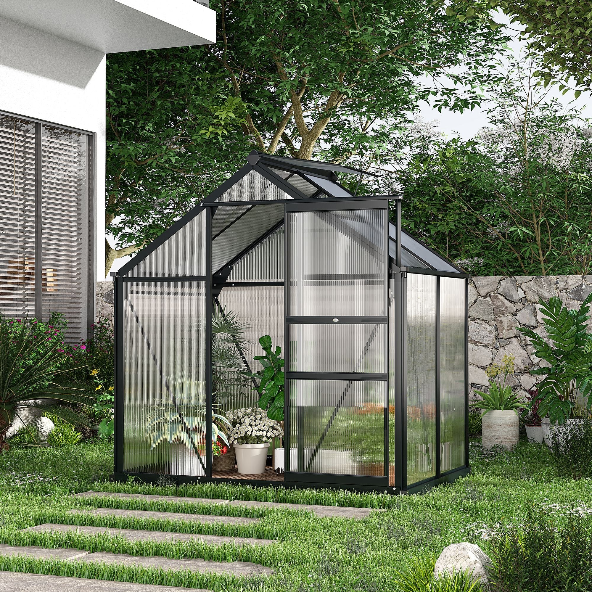 6 x 4ft Polycarbonate Greenhouse, Large Walk-In Green House with Slide Door and Window, Garden Plants Grow House with Aluminium Frame and Foundation, Grey