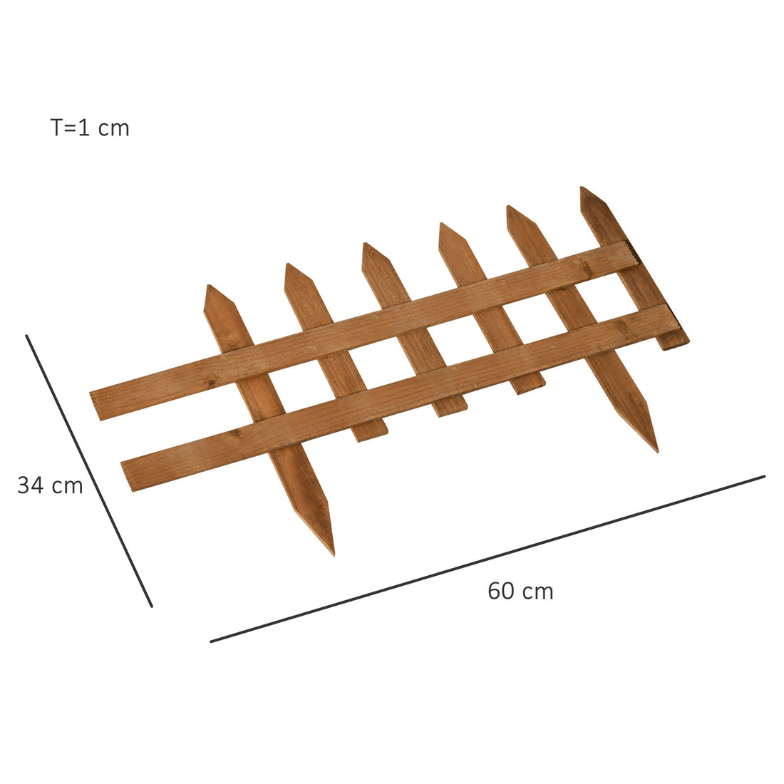 Pack of 12 Wooden Border Fences, Garden Fixed Picket Fence for Lawn Edging, Flowerbed, 60L x 1D x 34H cm, Brown