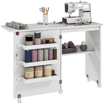 Folding Sewing Table, Drop Leaf Craft Table with Storage Bins, Open Shelf and Wheels, Rolling Sewing Machine Cabinet Computer Desk for Small Space, White