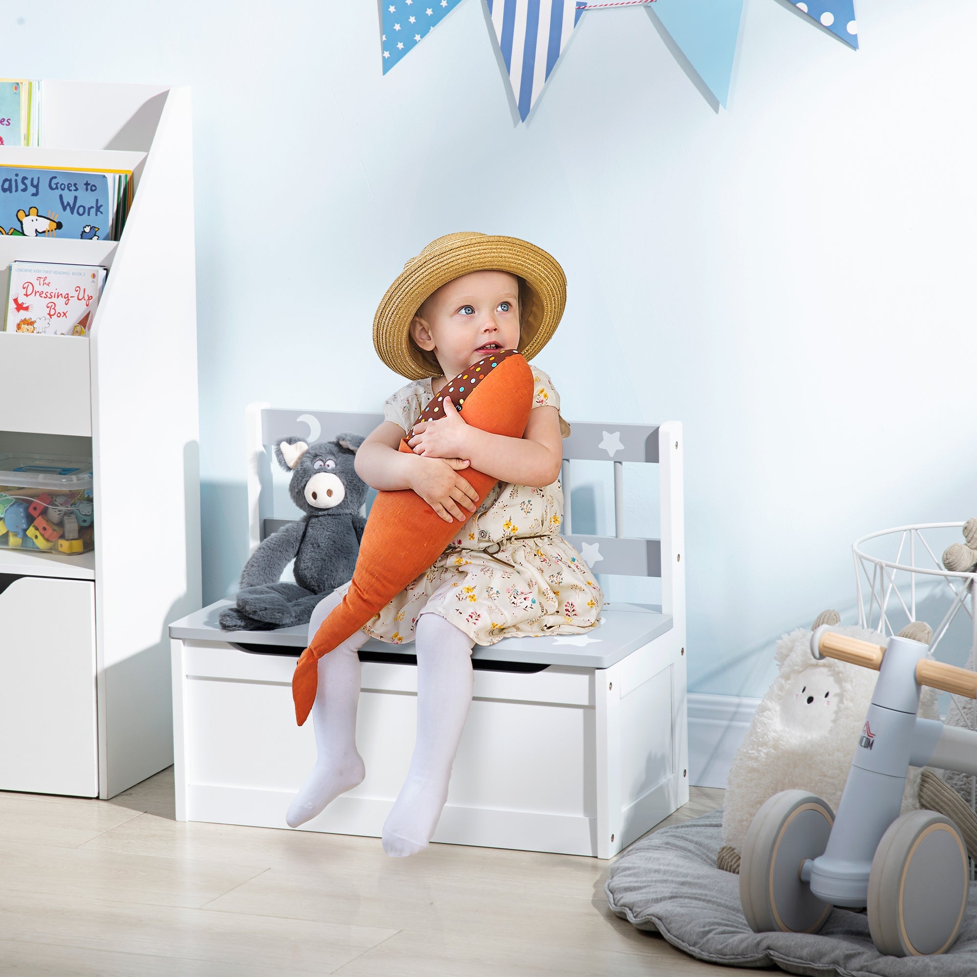 2 In 1 Kids Storage Bench, Toy Box w/ Safety Rod - Grey