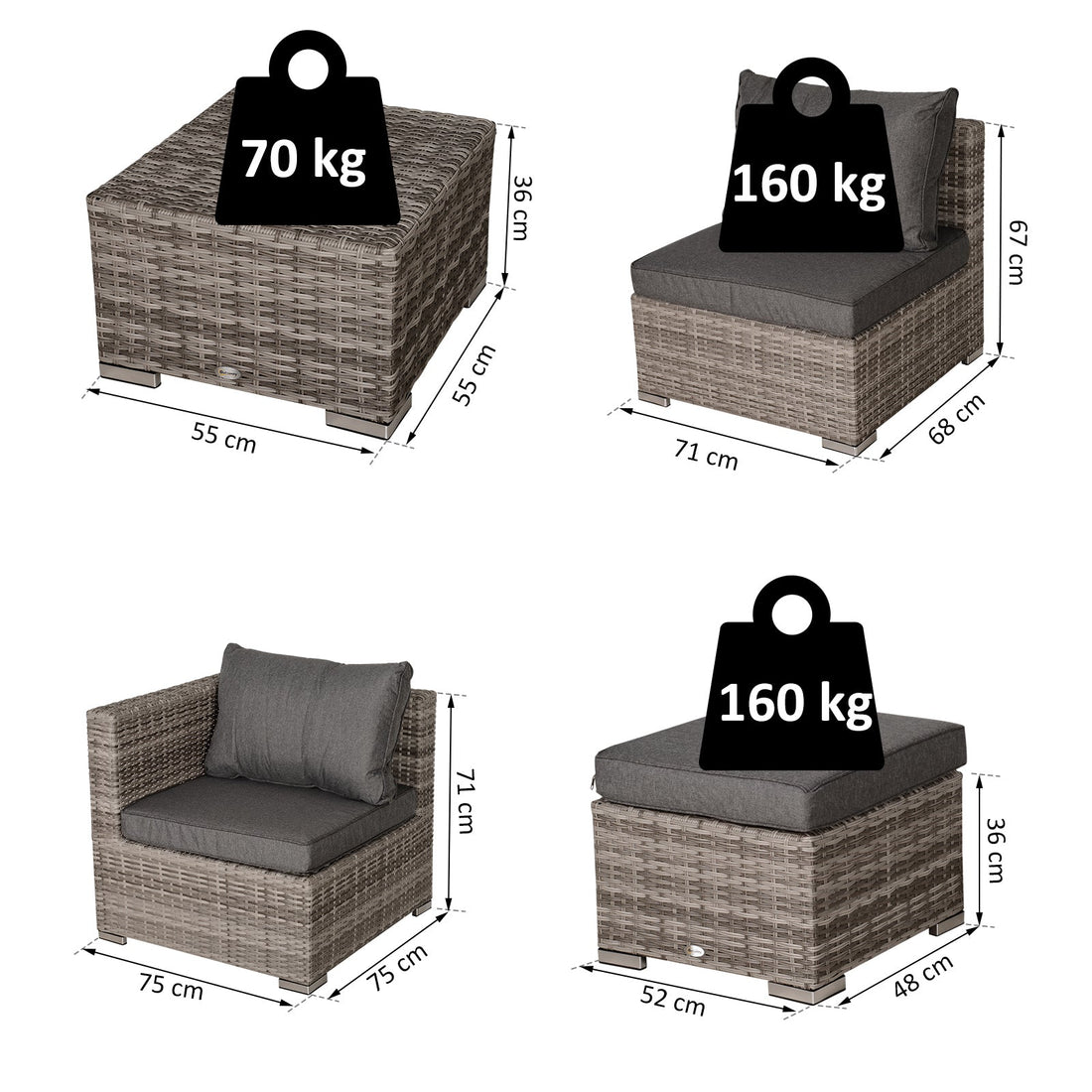 8 Pieces Rattan Garden Furniture Set, Garden Corner Sofa Set with 4 Chairs, 2 Footstools, 2 Coffee Tables and Cushions, Space-Saving Design, No Assembly Required, Grey