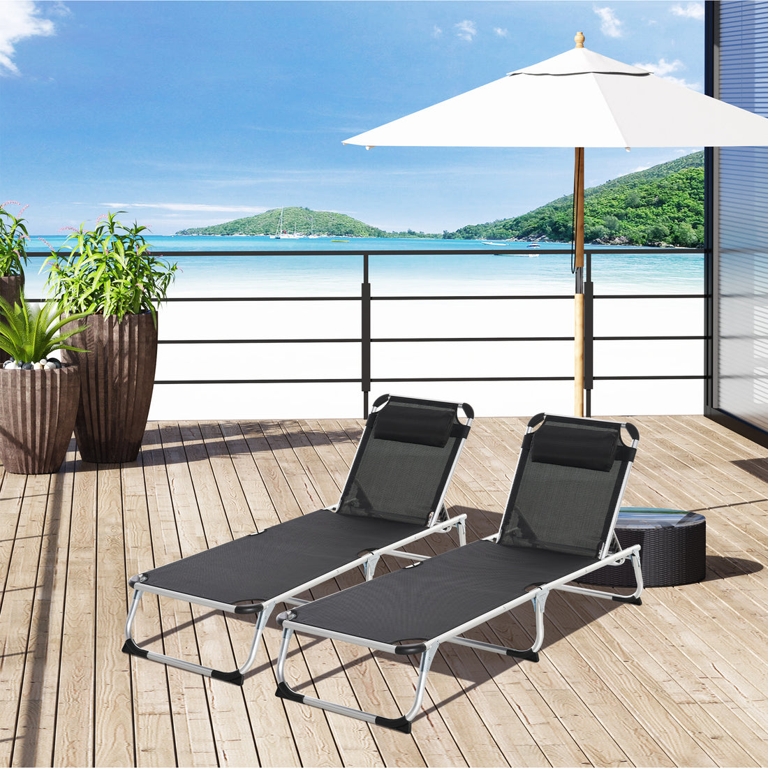2 Pieces Foldable Outdoor Sun Lounger with Pillow, 5-Level Adjustable Reclining Lounge Chair, Aluminium Frame Camping Bed Cot, Black