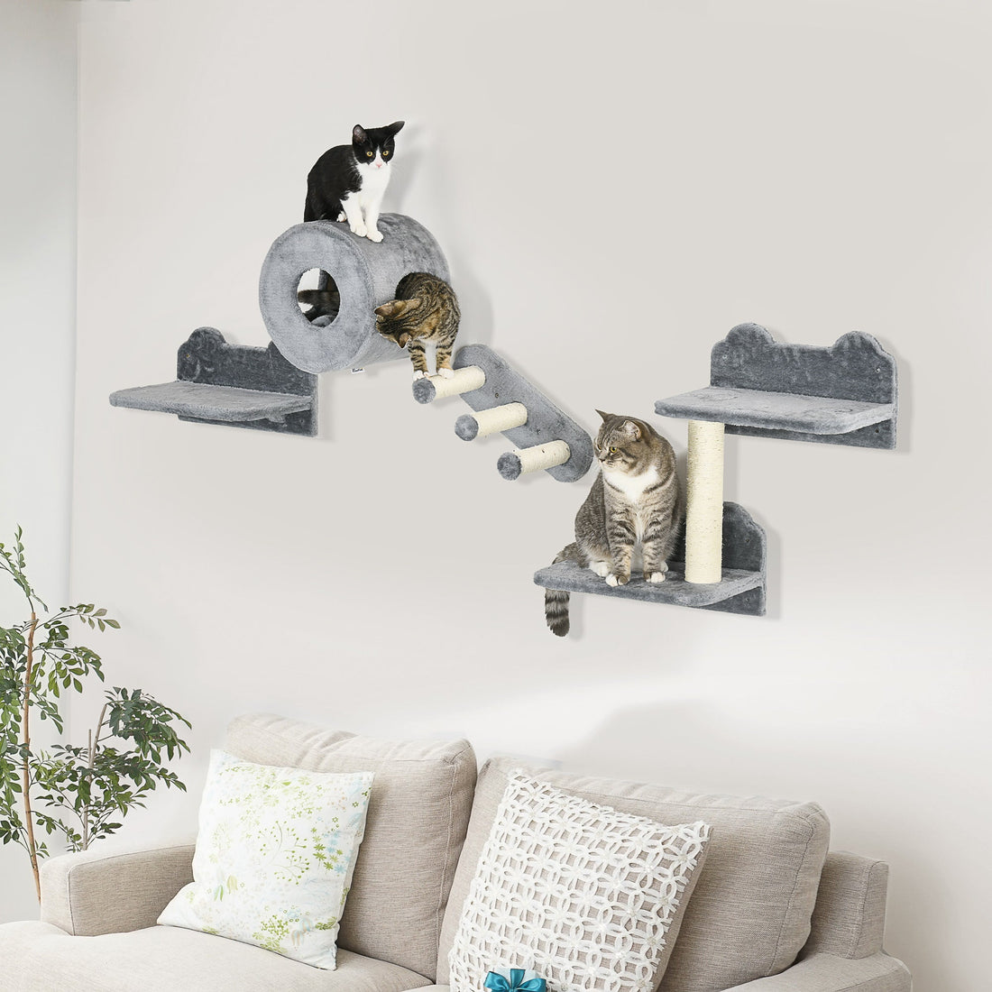 4PCs Wall-Mounted Cat Tree, with Steps, Perch, Cat House - Grey