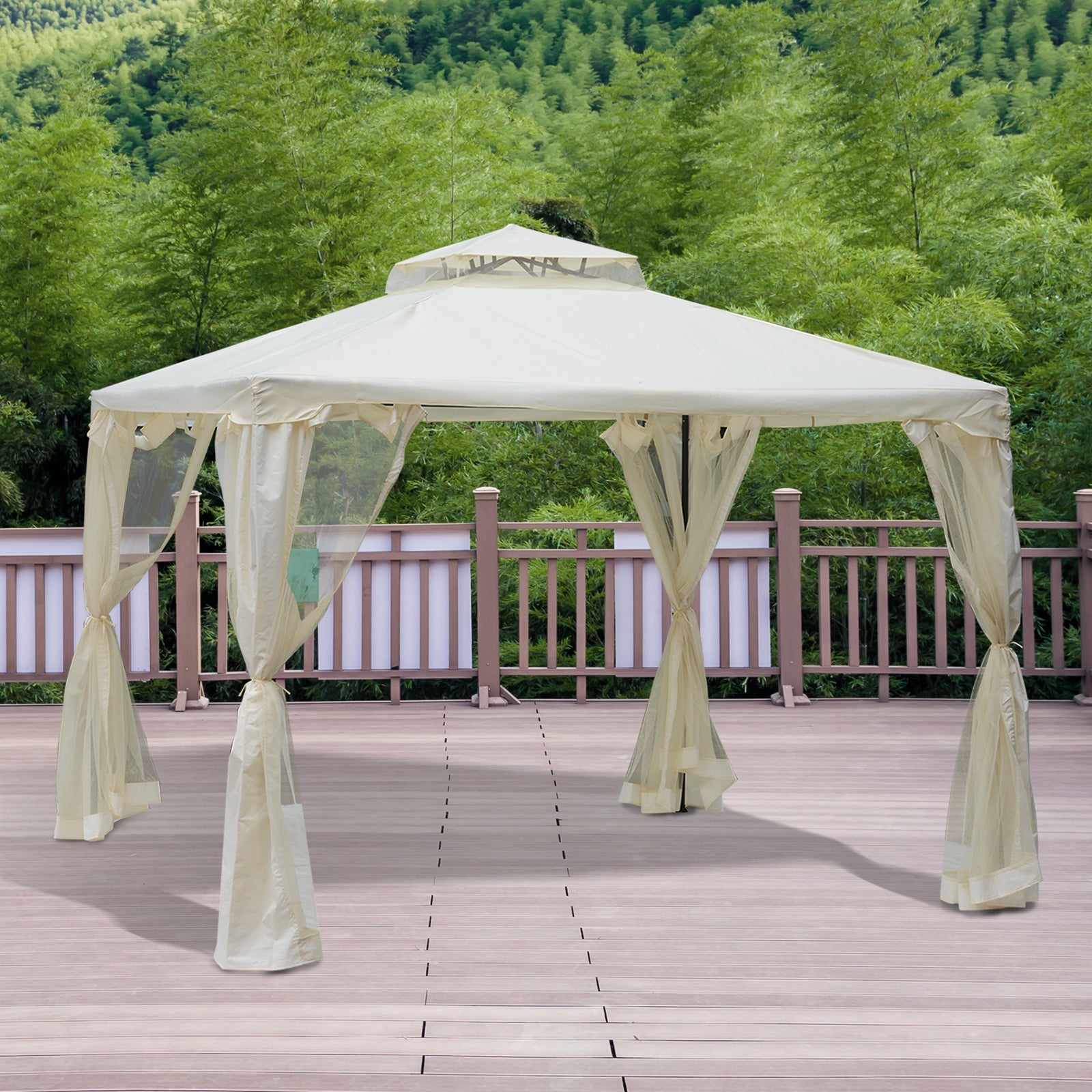 3 x 3 m Metal Gazebo, Garden Pavillion, Double Roof Outdoor Canopy Shelter with Mesh Sidewalls, Cream White