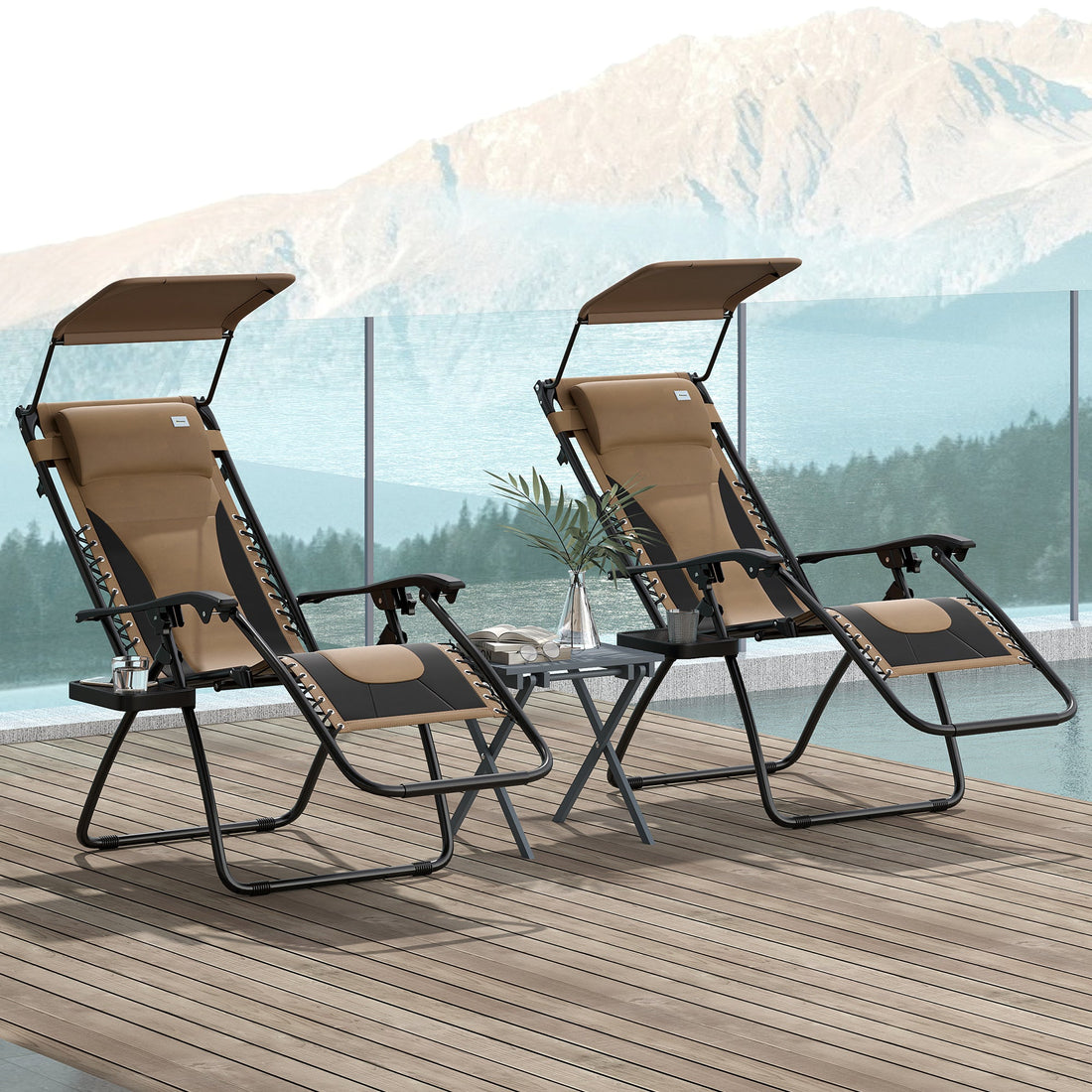 Zero Gravity Lounger Chair Set of 2, Folding Reclining Patio Chair with Shade Cover, Cup Holder, Soft Cushion and Headrest for Poolside, Camping, Coffee