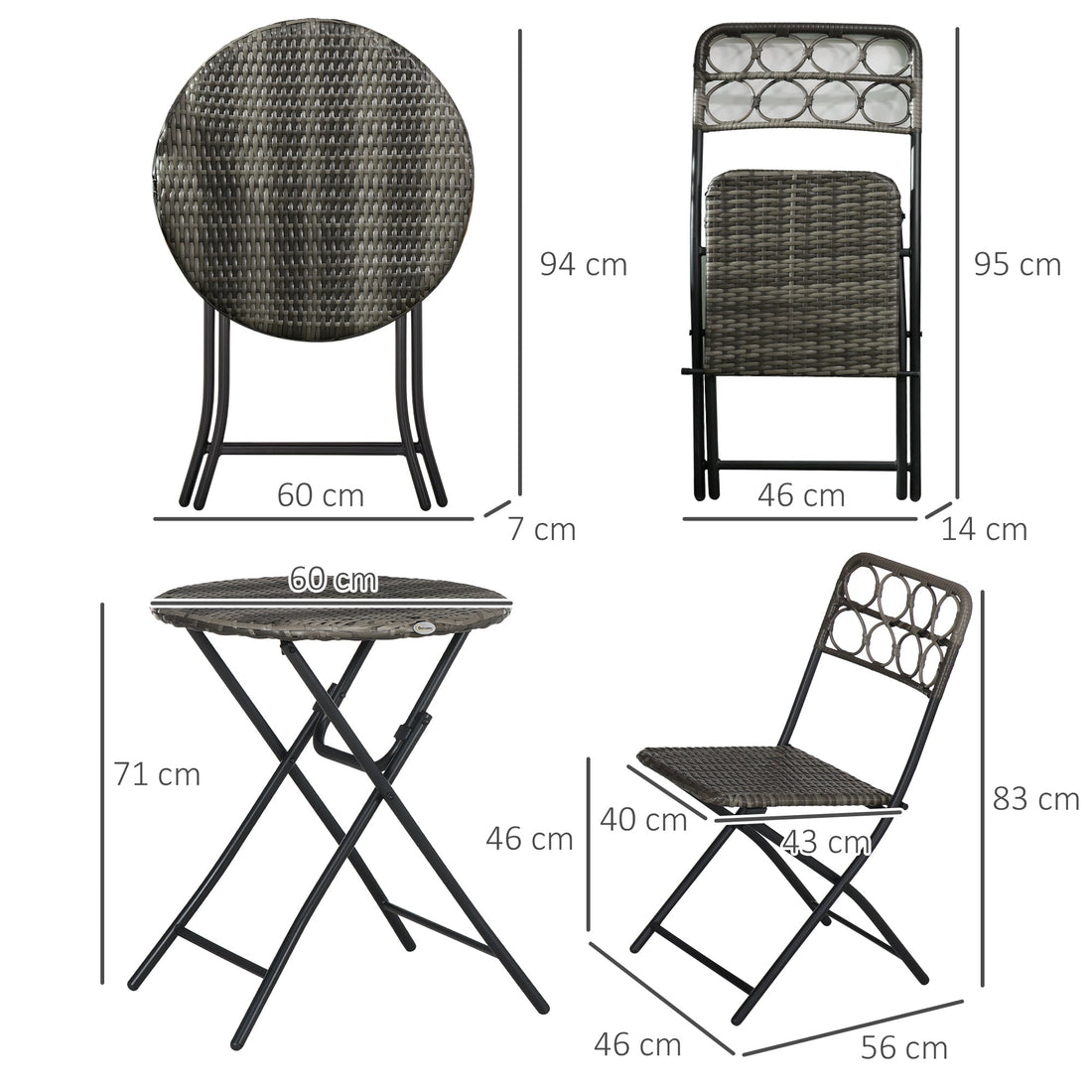 3 Pieces Rattan Bistro Set, Wicker Folding Garden Furniture Set with Coffee Table and Chairs for Outdoor, Patio, Balcony, Grey