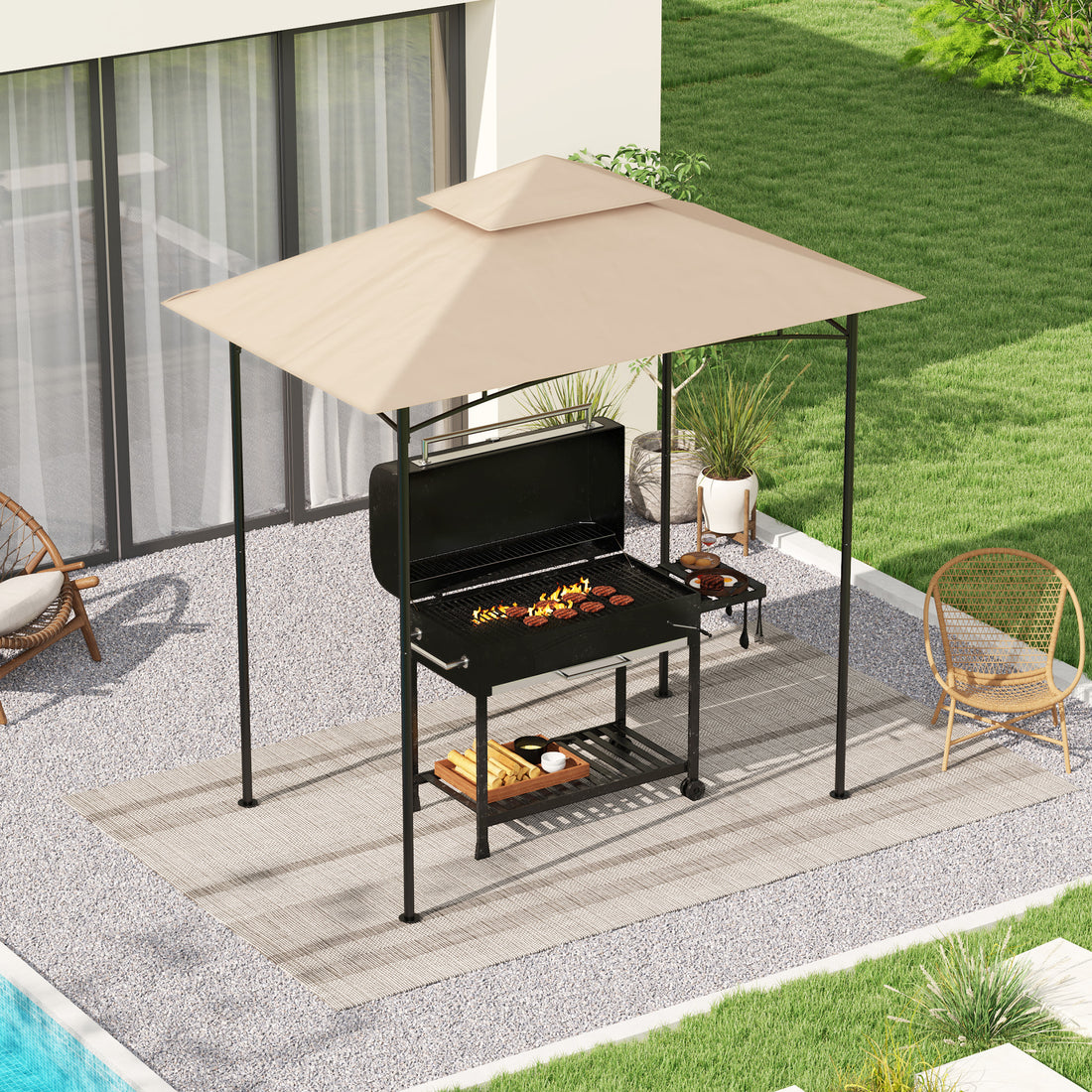 Grill Gazebo Replacement Canopy Roof for 1.5 x 2.4m Frame, UPF50+ Protection, Double Tiered 5' x 8' Outdoor BBQ Gazebo Cover Replacement, TOP COVER ONLY, Beige