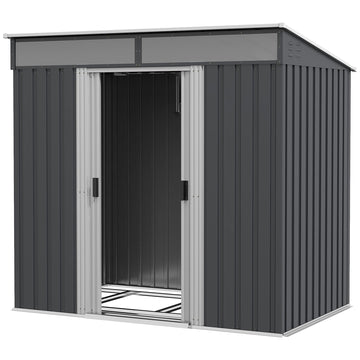 6.5 x 4FT Galvanised Metal Shed with Foundation Kit, Lockable Tool Garden Shed with Double Sliding Doors, Vents, Grey