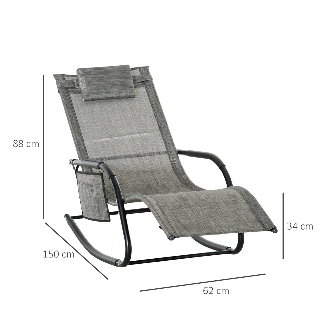 Outdoor Garden Rocking Chair, Patio Sun Lounger Rocker Chair with Breathable Mesh Fabric, Removable Headrest Pillow, Armrest, Side Storage Bag, Dark Grey
