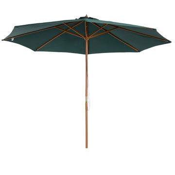 3(m) Wooden Patio Umbrella, Pulley Operated Garden Parasol with Rope Pulley Mechanism and 8 Ribs, Dark Green