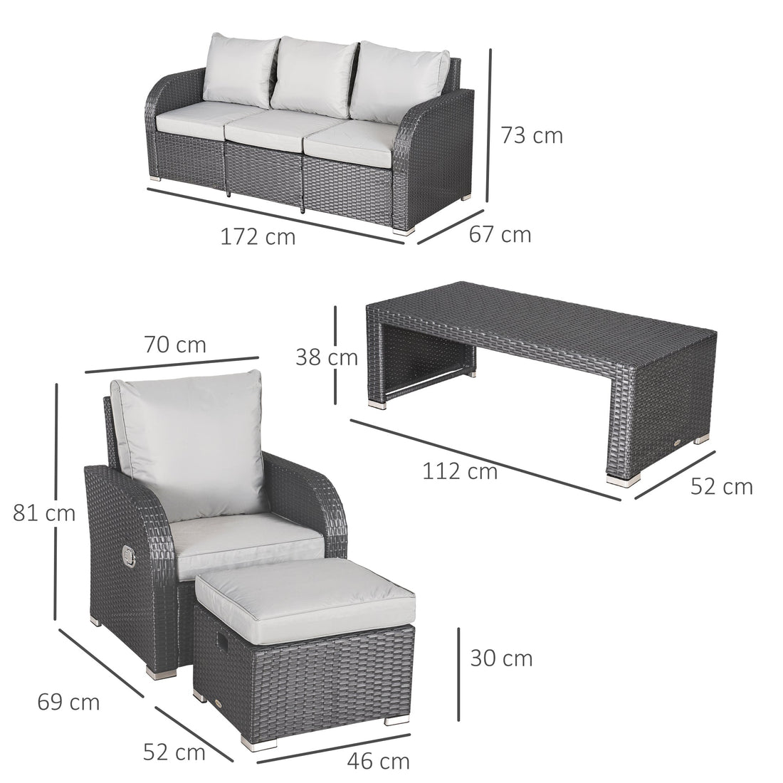 Six-piece Outdoor Rattan Dining Set, Outdoor Sofa Set with Reclining Armchairs and Mental Frame, Grey