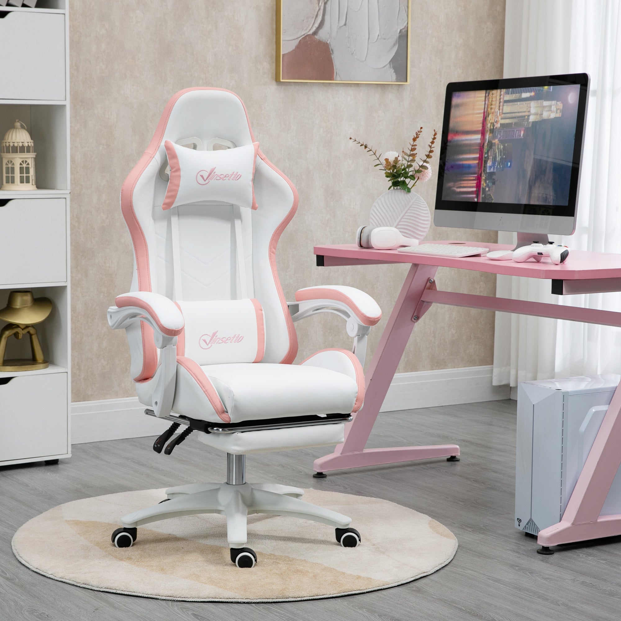 Computer Gaming Chair, PU Leather Desk Chair with Footrest, Swivel Task Chair with 135° Reclining Back and Lumbar Support, PC Chair for Adults, White and Pink