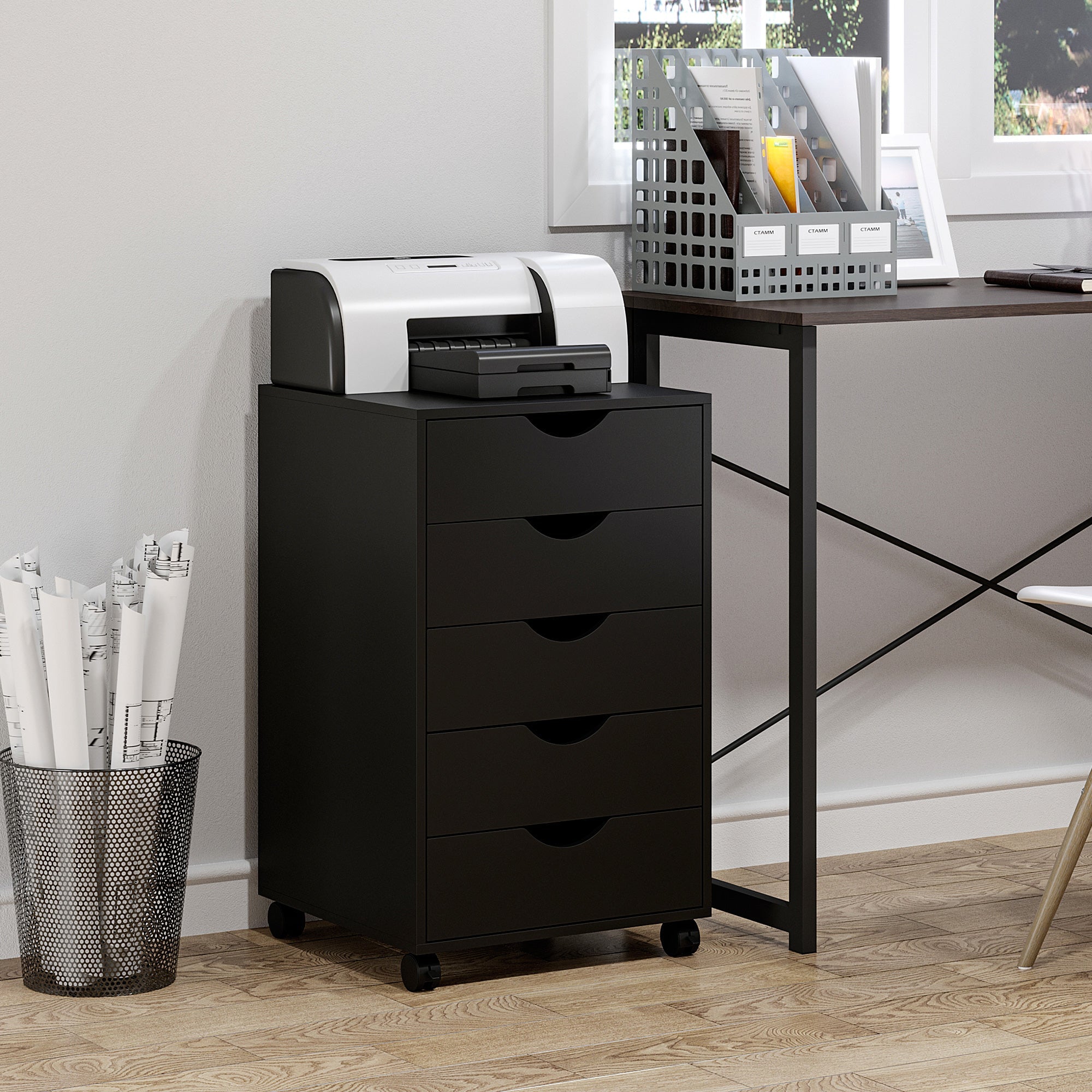 5 Drawer Mobile Filing Cabinet, Vertical File Cabinet, Modern Rolling Office Storage Organizer Cupboard, Black