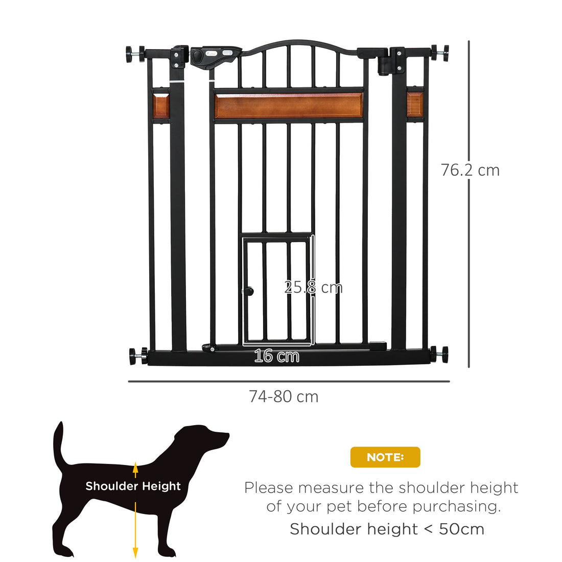 Pet Gate Safety Gate, with Cat Flap, Auto Close, for Staircases, Doorways, Hallways, 74-80cm Wide - Black