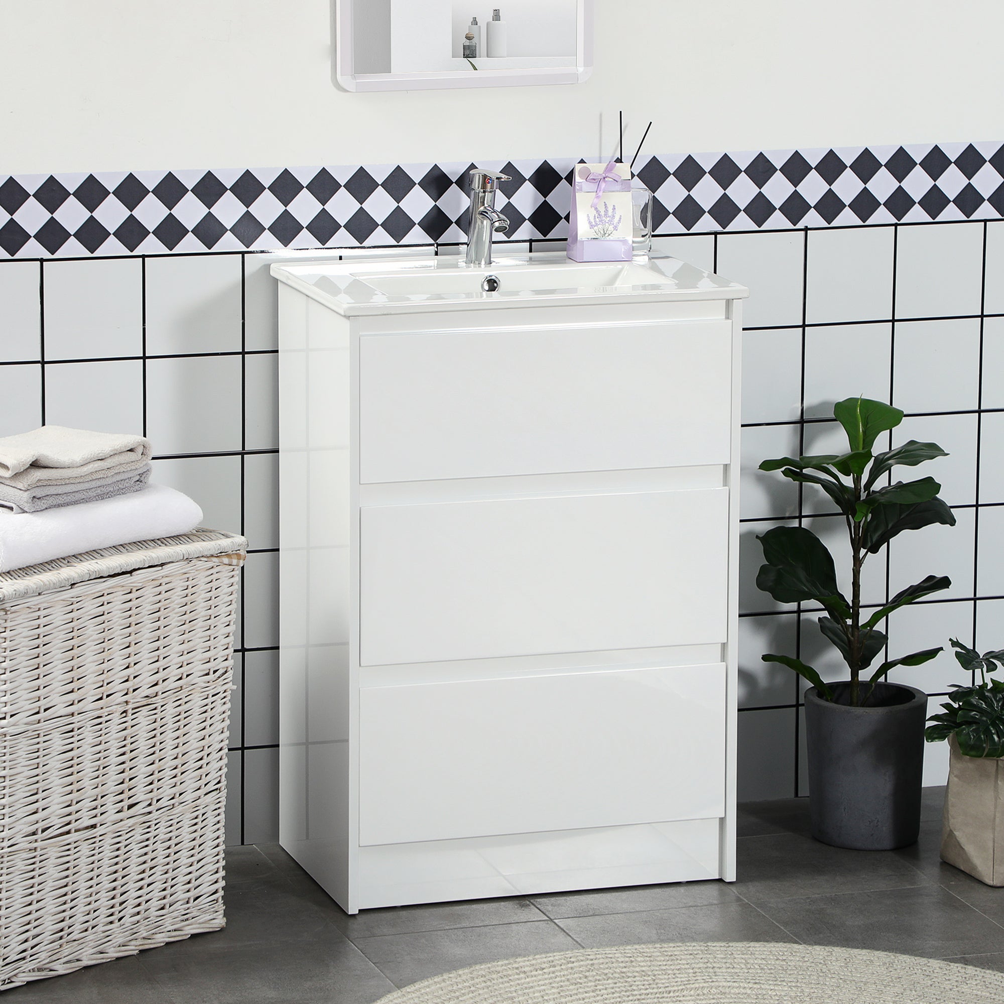 600mm Bathroom Vanity Unit with Basin and Single Tap Hole, High Gloss White Floor Standing Bathroom Sink Unit with 2 Drawers
