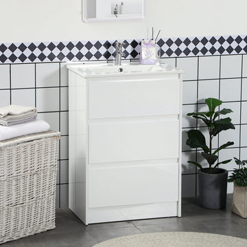 600mm Bathroom Vanity Unit with Basin and Single Tap Hole, High Gloss White Floor Standing Bathroom Sink Unit with 2 Drawers