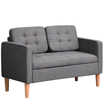 Modern 2 Seater Sofa with Hidden Storage, 117cm Tufted Cotton Couch with Wood Legs, Compact Loveseat for Living Room, Kitchen, Grey