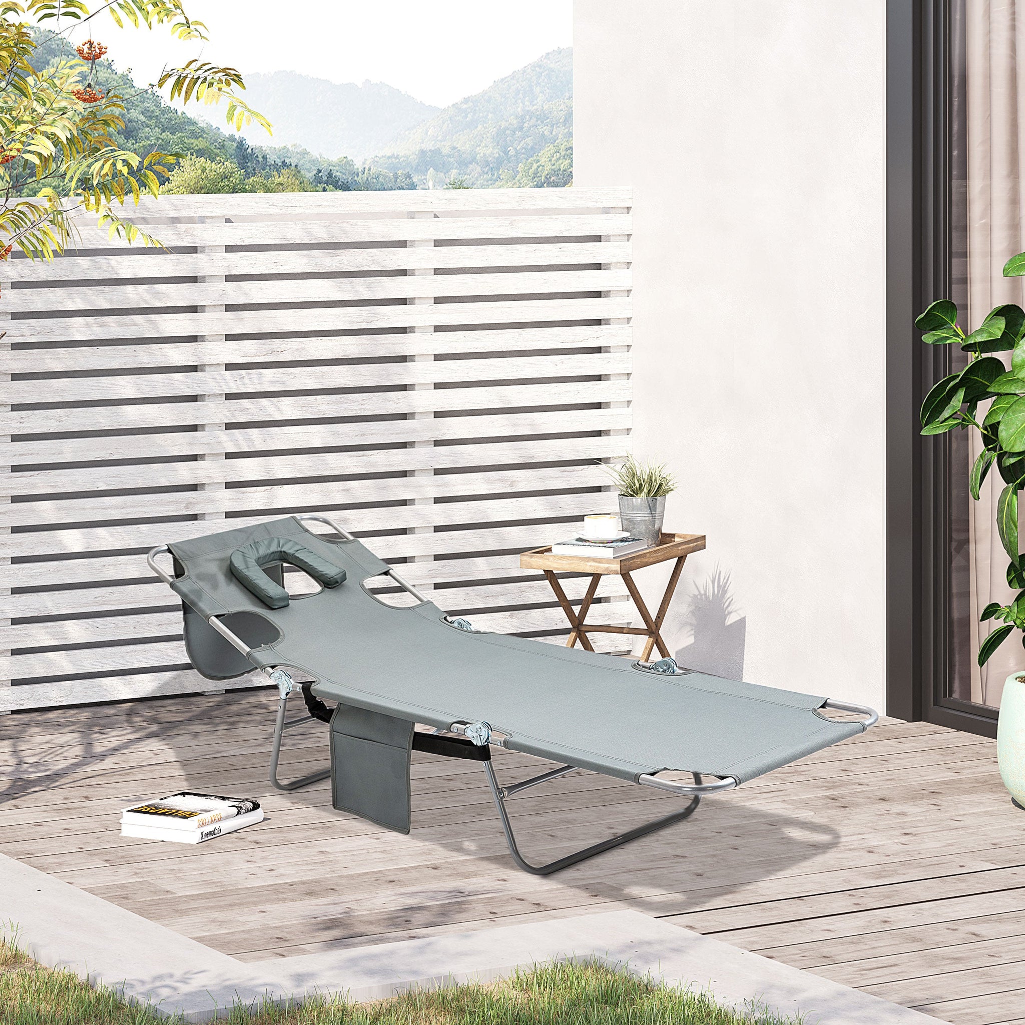Foldable Sun Lounger, Beach Chaise Lounge with Reading Hole, Arm Slots, 5-Position Adjustable Backrest, Side Pocket, Pillow for Garden, Beach, Pool, Grey