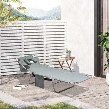 Foldable Sun Lounger, Beach Chaise Lounge with Reading Hole, Arm Slots, 5-Position Adjustable Backrest, Side Pocket, Pillow for Garden, Beach, Pool, Grey