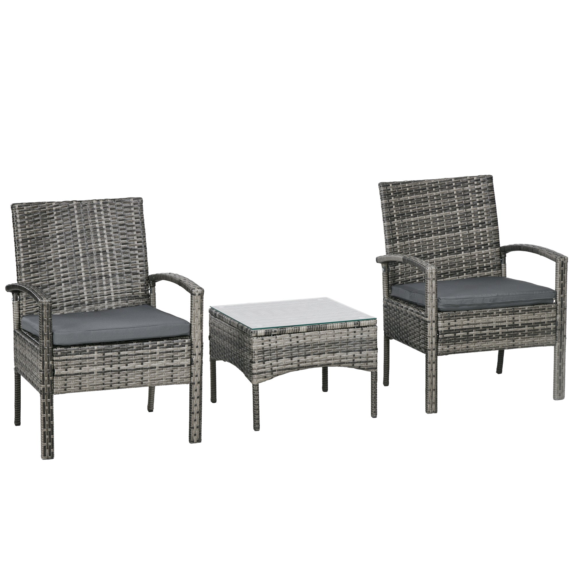 3 Pieces Rattan Bistro Set, Wicker Garden Furniture Set with Glass Top Coffee Table and Chairs, Washable Cushions for Outdoor, Patio, Balcony, Mixed Grey