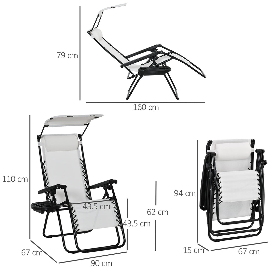 Zero Gravity Garden Folding Patio Sun Lounger w/Cup Holder & Canopy Shade White