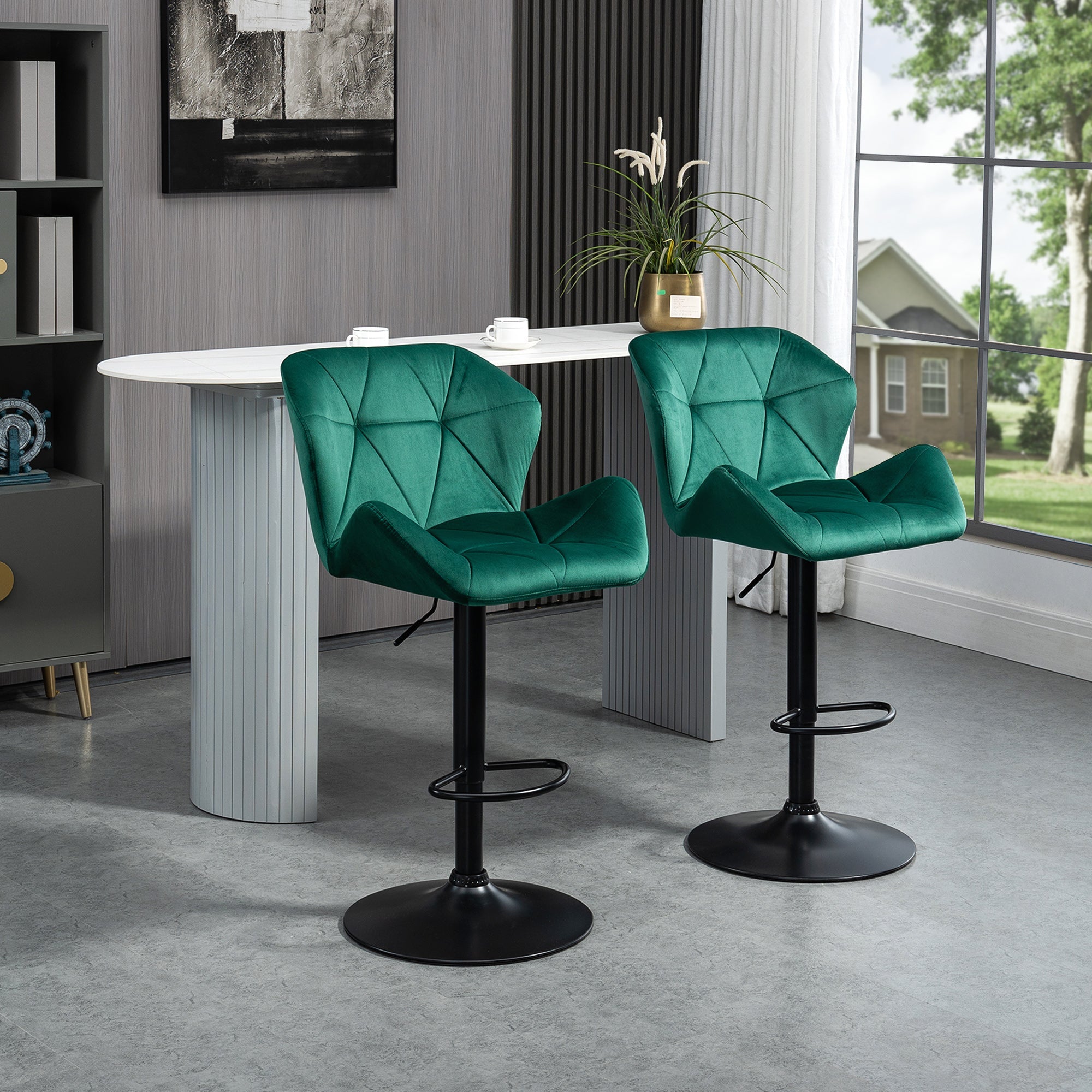 Bar Stools Set Of 2, Velvet-Touch Barstools with Metal Frame Footrest and Adjustable Height, Green