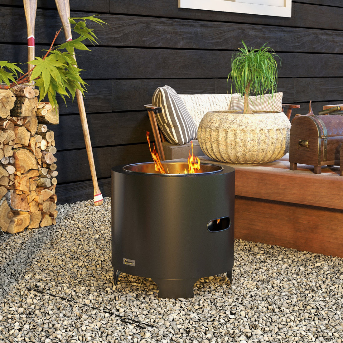 Smokeless Fire Pit, 45cm Portable Wood Burning Firepit, Round Metal Bonfire Stove with Poker for Garden, Camping, Black