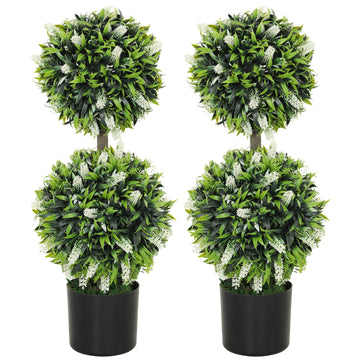 Set of 2 Decorative Artificial Plants Ball Trees with Lavender Flowers in Pot Fake Plants for Home Indoor Outdoor Decor, 70cm, White