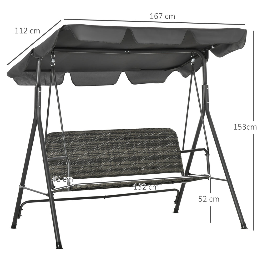 3-Seater Outdoor PE Rattan Swing Chair, Patio Wicker Hanging Swing Bench with Steel Frame Stand & Adjustable Canopy, Grey