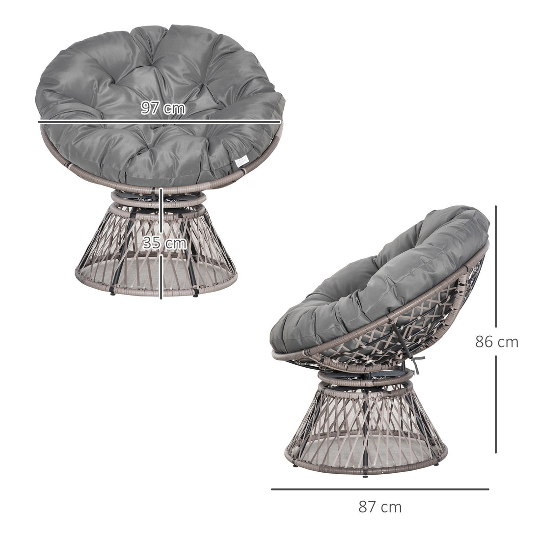 360° Swivel Rattan Papasan Moon Bowl Chair Round Lounge Garden Wicker Basket Seat with Padded Cushion Oversized for Outdoor Indoor, Grey