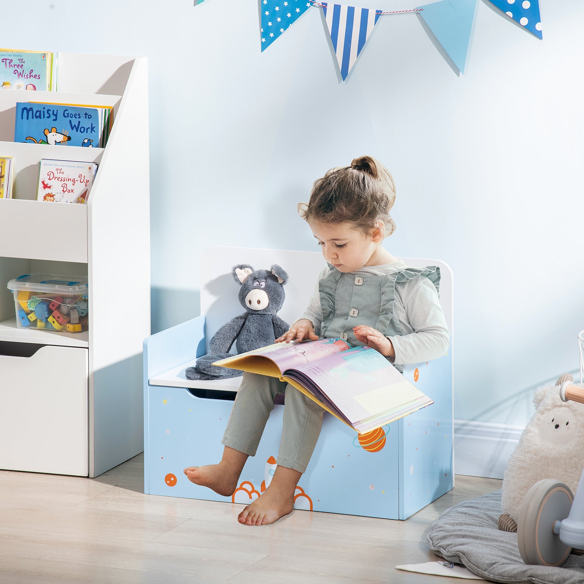 2 In 1 Kids Storage Bench, Toy Box w/ Safety Rod - Blue