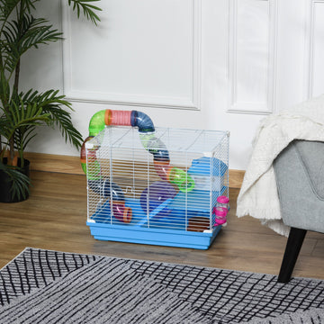 2 Tier Hamster Cage, Gerbil Cage with Handle, Exercise Wheels, Tunnel, Tube, Water Bottle, Dishes, Ladder, for Dwarf, Blue