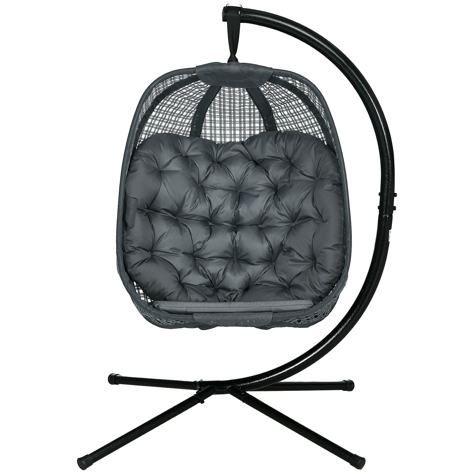 Outdoor Swing Chair with Thick Padded Cushion, Patio Hanging Chair with Metal Stand, Egg Chair with Foldable Basket, Cup Holder, for Indoor and Outdoor, Dark Grey