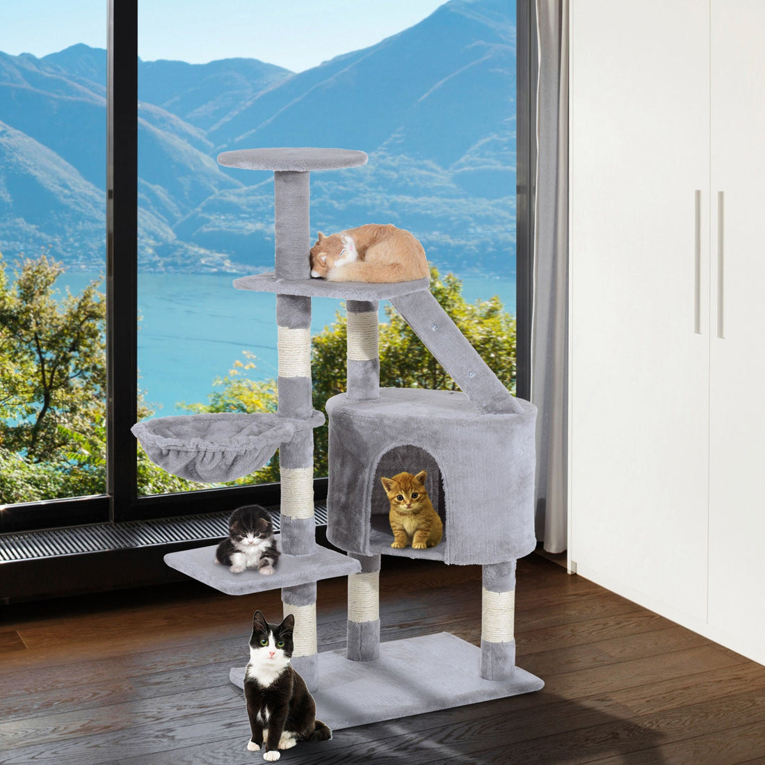 Cat Tree for Indoor Cats Kitten Scratching Post Scratch Scratcher Climb Activity Center Play House Pet Furniture 125cm (Grey)