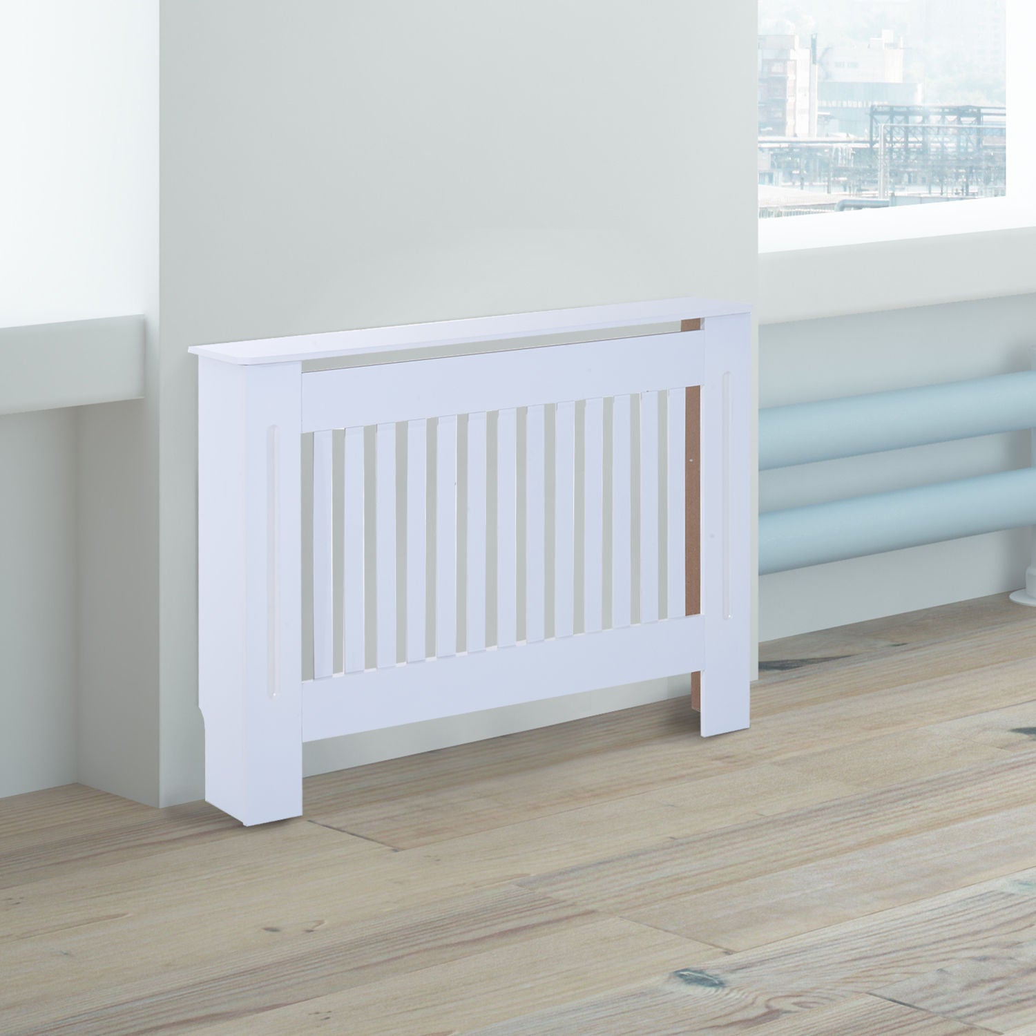 Slatted Radiator Cover Painted Cabinet MDF Lined Grill in White (112L x 19W x 81H cm)